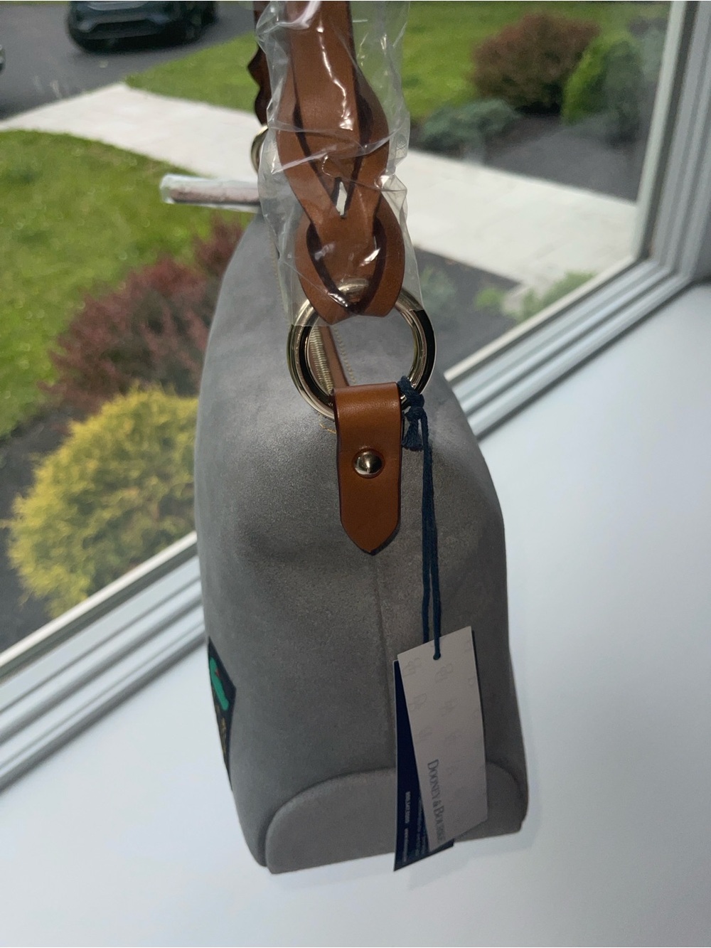 Dooney & Bourke Gray Suede Chloe 30 Shoulder Bag with Brown Leather Strap NWT - Picture 7 of 11
